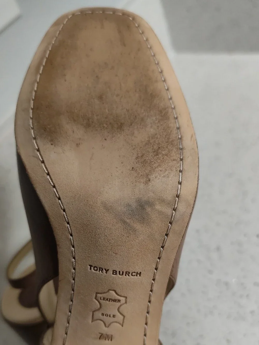 Tory Burch Tan Leather Slingback Heels with Gold Logo Plaque
